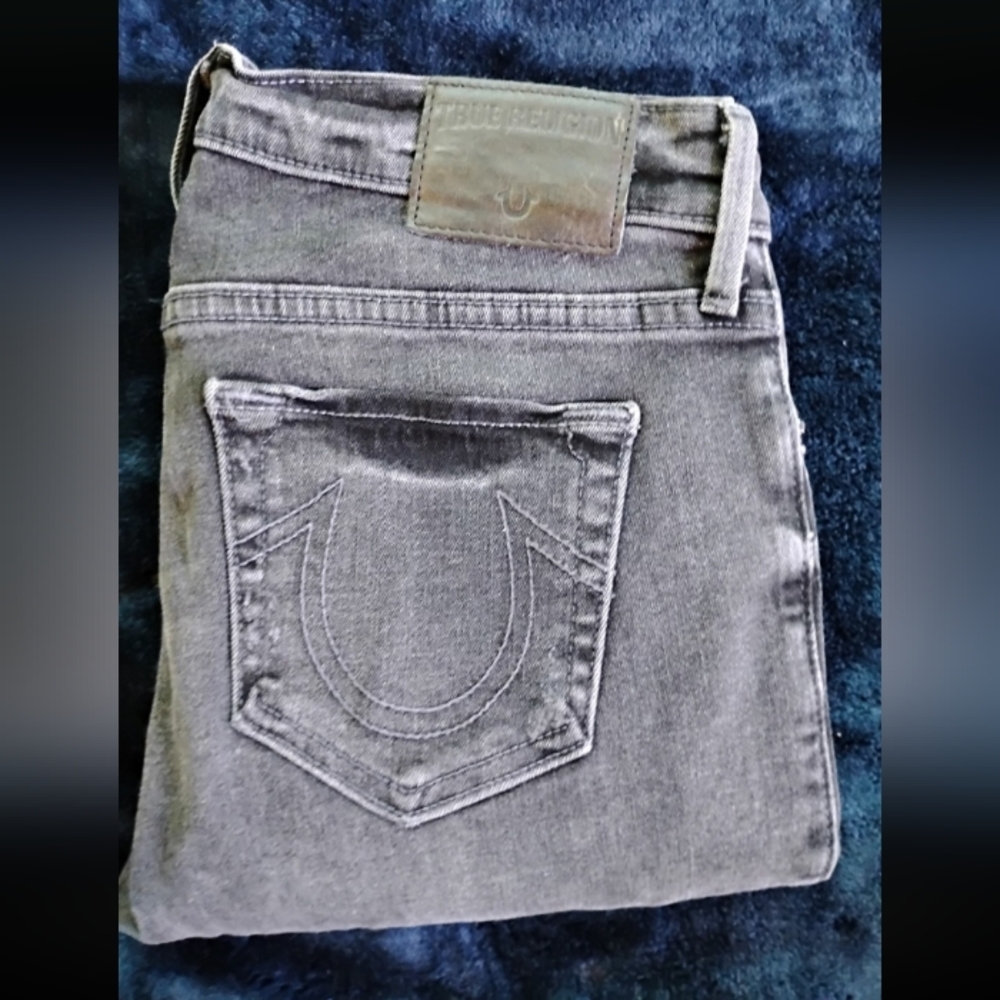 True Religion Dark Gray Jeans Distressed Denim Style